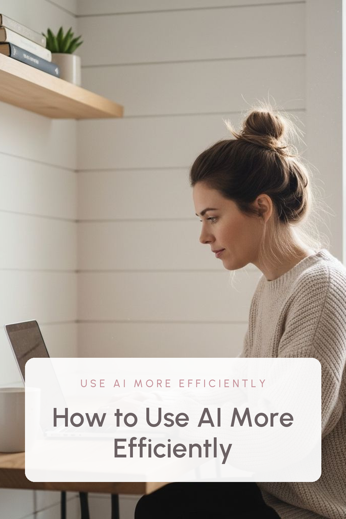 A woman in a cream sweater working on a laptop at a light wooden desk, the photo filling the pin, with a white text panel low in the frame reading "How to Use AI More Efficiently". Label: Use AI More Efficiently.