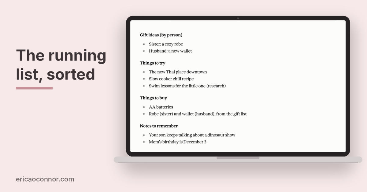AI sorting a running list of gift ideas and notes into categories